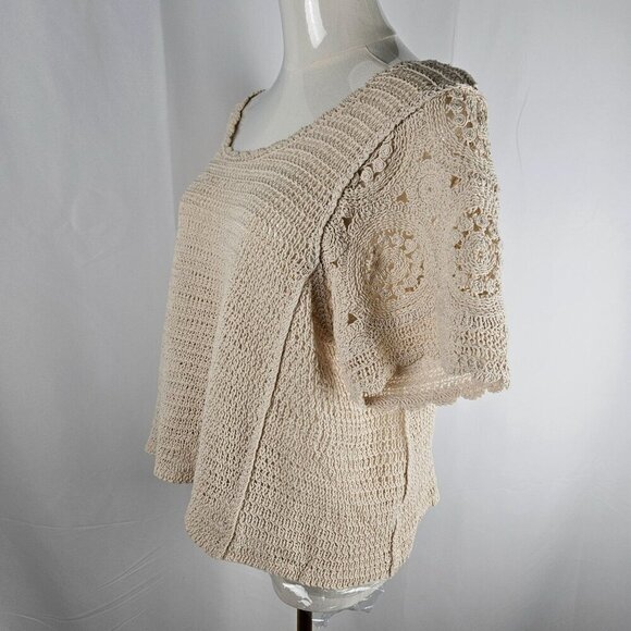 Solitaire Large Boho Festival Crochet Top Beige Knit Short Sleeve - Picture 3 of 9